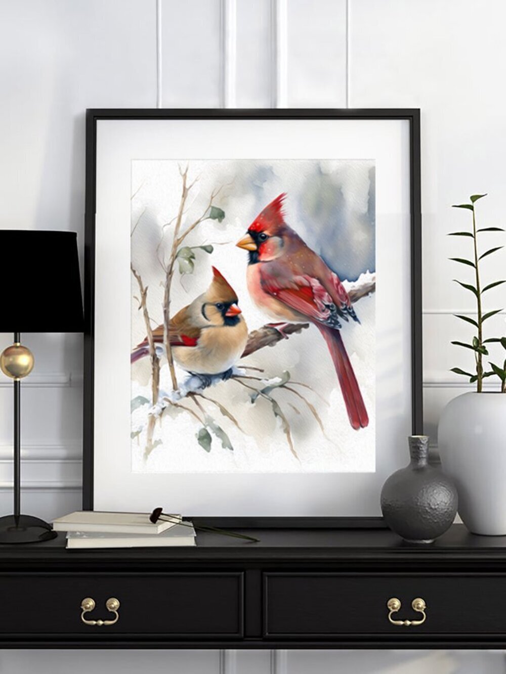 8x10 Northern Red Cardinal & Female Cardinal Watercolor Oil Painting Art Print